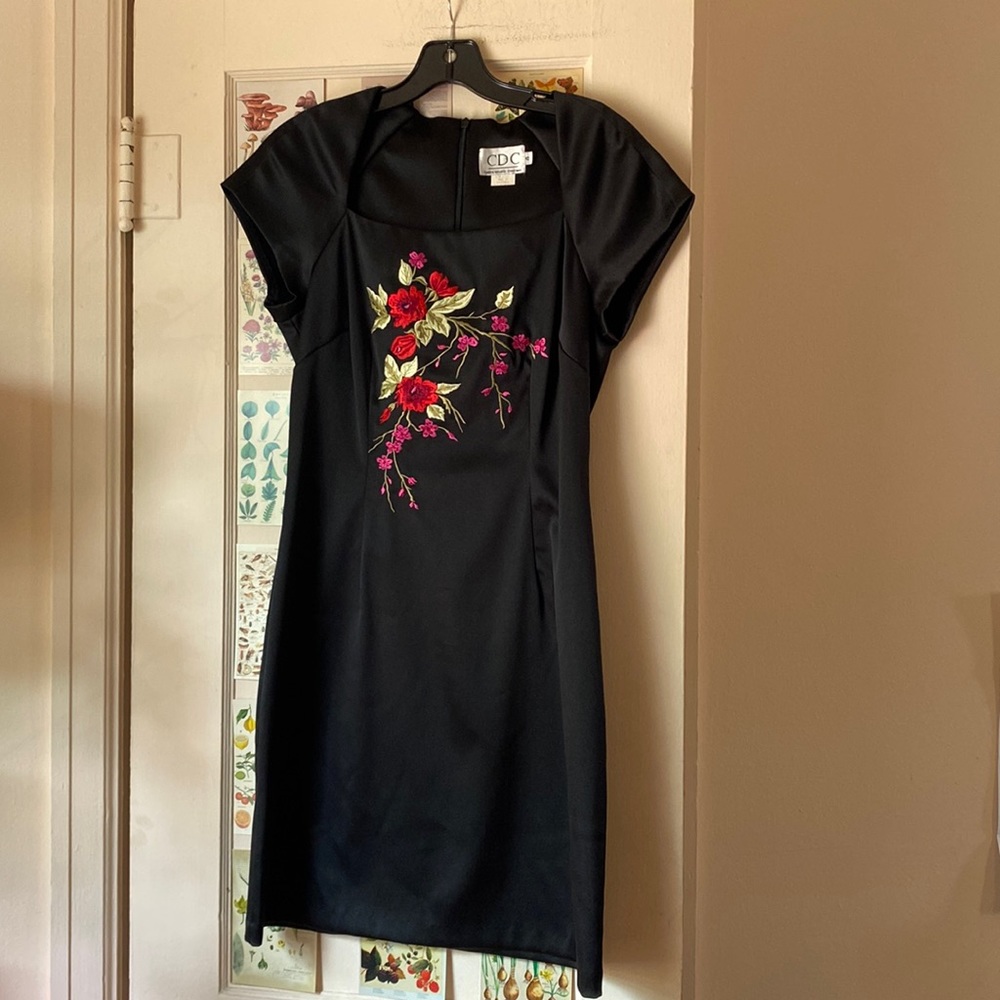 90s Vintage CDC Caren Desiree Company Black Embroidered Flower Short dress